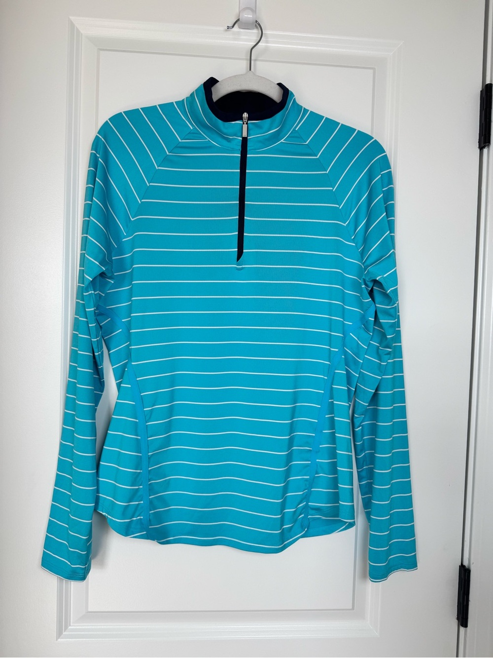 Cutter & Buck Teal and White Striped Quarter-Zip Golf Top DryTec Sun Protecting